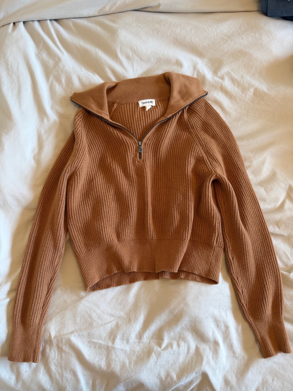 Open Edit Women's Half-Zip Ribbed Sweater - Brown